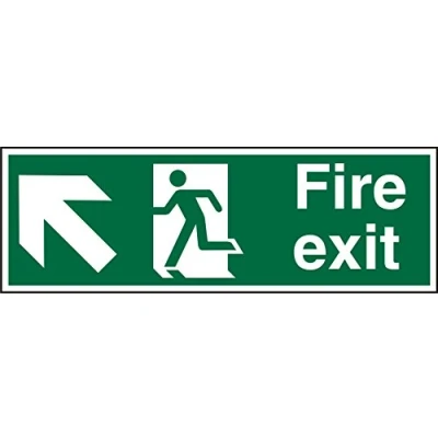 Image of Seco Fire Exit Arrow Pointing Up &amp; Left, Man Running Sign, 450mm x 150mm Self Adhesive Vinyl