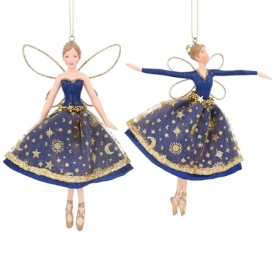 Image of Gisela Graham Celestial Fairy in Blue &amp; Gold Fabric Resin 13 Centimetre Decoration, set of 2
