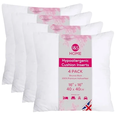 Image of I&amp;S Home Cushion Inserts 40cm x (16&quot;x16&quot;) Square Inner Pads Bounce Back Polyester Filler Hypoallergenic Scatter Cushions for Sofa and Couch Pack of 4