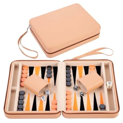 Image of Engelhart 250501 Travel Backgammon Set, Inlay Felt, 9 inch Deluxe Game Set with Beige Zipper Closure (beige, orange, black)