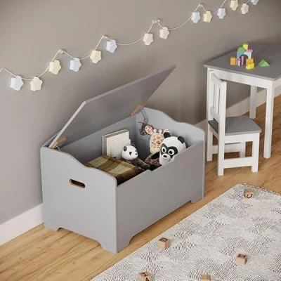 Image of URBNLIVING Ottoman Wooden Storage Chest Bench Stool Seat Trunk Toy Box Bedding Blanket Lid Suitable for Living Room, Bedroom (Grey)
