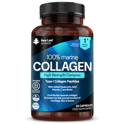 Image of Pure Marine Collagen 100% Type 1 Hydrolysed Peptides Enhanced with Hyaluronic Acid &amp; Vitamin C Essential Amino Acids Supplements for Women and Men, 60 Capsules