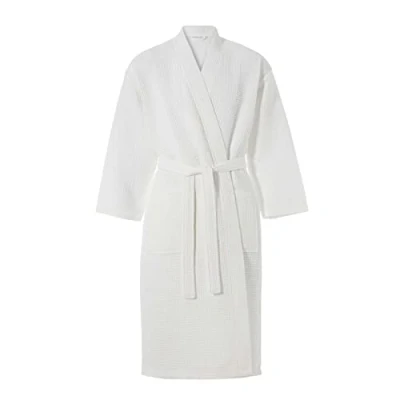Image of HOMESCAPES L Classic Cotton Waffle Kimono Bathrobe with Shawl Collar for Men and Women White, 100% Dressing Gown