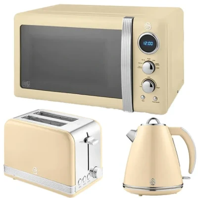 Image of Swan Retro Cream 1.5L Kettle, 2 Slice Toaster &amp; 20L Digital Microwave Set