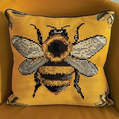 Image of Lfynior Cross Stitch Pillow Kit Bee Tapestry Cushion 45X45cm Needlepoint Craft Set pre Printed Handmade Cover Stitched Decorative for Adults Beginners