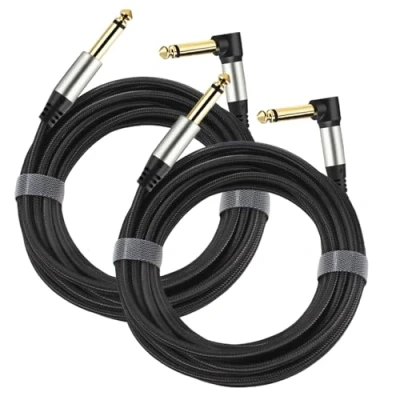 Image of Adoerpai 2 Pack Guitar Cables 1/4 Inch 6.35mm Male to Jack Right Angle Straight Nylon Braided TS Mono Instrument Cable (5m pack)