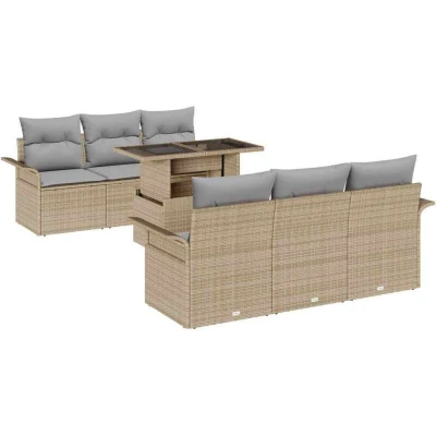 Image of vidaXL 7 Piece Garden Sofa Set with Cushions Beige Poly Rattan