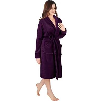 Image of NY Threads Luxury Women’s Dressing Gown Super Soft Fleece Bath Robe Cozy Shawl Collar Loungewear and Nightwear, X Large, Plum