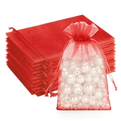 Image of G2PLUS Red Organza Gift Pouches, 10x15 CM Medium Favour Bags, 100 PCS Wedding Jewelry Clear Mesh Pouches Perfect for Wedding, Christmas, Birthday, Anniversary