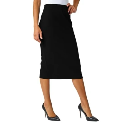 Image of Roman Originals Textured Pencil Skirt for Women UK Ladies Jersey Work Office Smart Formal Bodycon Under The Knee Length Calf Midi Tight Fitted Straight Shift Black Size 16