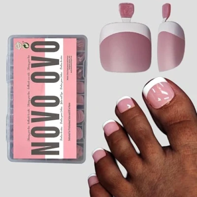 Image of NOVO OVO Fake Toe Nail Tips Press on, French Tip Soft Gel Toenail Extension, BERRY PINK Square Round Pre applied Primer &amp; Base Coat, Full Cover Matte False Nails for DIY x 15 Sizes 360Pcs