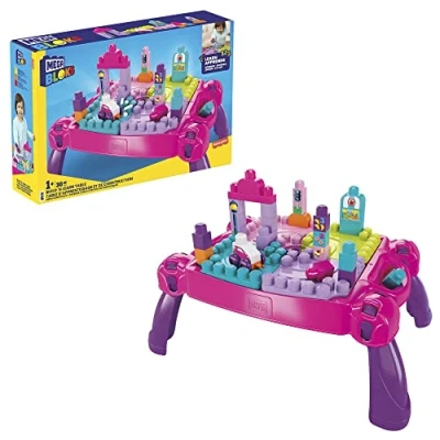 Image of MEGA BLOKS Fisher Price Toddler Building Blocks, Build n Learn Activity Table with 30 Pieces and Storage, Pink, Kids Age 1+ Years, FFG22
