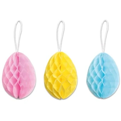 Image of Pack of 3 Honeycomb Paper Easter Egg Pastel Hanging Decorations 10cm Eggs Blue Yellow &amp; Pink