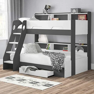 Image of happybeds Wooden Bunk Bed, Orion Grey and White Triple Sleeper 3ft Single Top, 4ft Small Double Bottom Storage Drawer Frame Only