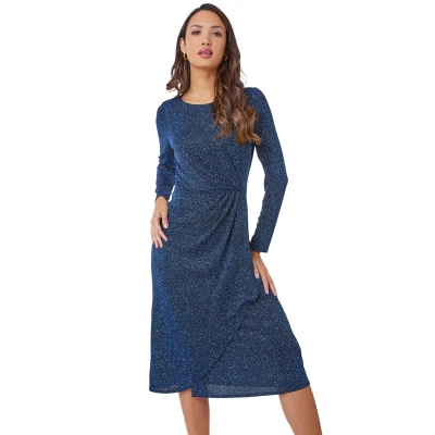 Image of Roman Originals Ruched Glitter Midi Dress for Women UK Ladies Autumn Everyday Winter Holiday Round Neckline Comfy Long Sleeve Soft Frock Stretch Jersey Gowns Blue Size 20