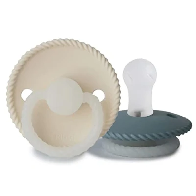 Image of FRIGG Rope Night Silicone Pacifier Pack of 2 Soother Dummy Glow BPA Free Made in Denmark Symmetrical Cherry Shaped Nipple (Stone Blue Night/Cream (0 6 Months))