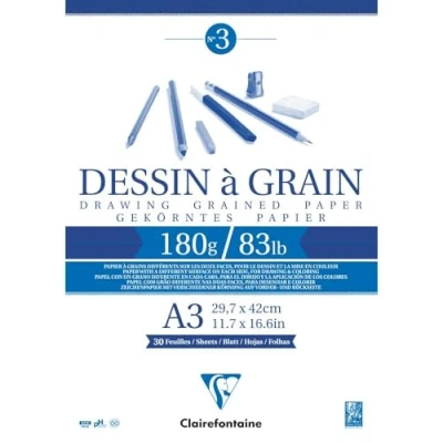 Image of Clairefontaine Ref 96622C White Grained Drawing Paper Glued Pad (30 Sheets) A3 Sized, 180gsm Paper, &amp; Acid Free, pH Neutral