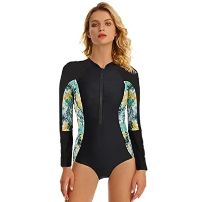 Image of Beachkini Women&#039;s Zip Up Rash Guard Long Sleeve Swimsuit One Piece Swimwear,Black,2XL