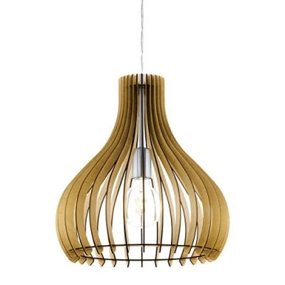 Image of EGLO Tindori Pendant Light, 1 Bulb Vintage Light Made of Steel and Wood in Nickel Matt, Maple, Dining Table Lamp, Living Room Lamp Hanging with E27 Socket, Diameter 38 cm