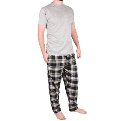 Image of Mens Pyjamas Set Trousers Woven Check Lounge Pants Short Sleeve T Shirts Top (L, Grey PjamaSet 21)