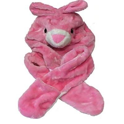 Image of Drew Brady Kids Faux Fur Animal Head Long Trapper hat Hood Scarf Snood with Built in Mitten Covers (Pink Rabbit), 4 13 Years