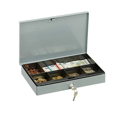 Image of Relaxdays Lockable Cash Box with Coin Compartment, 2 Keys H x W D: 5x30x20 cm, Grey