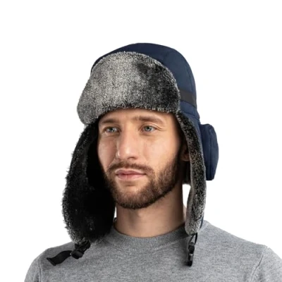 Image of Winter Bomber Ushanka Russian hat Eskimo Fur Hunting Skiing Trapper Trooper Hats with Ear Flaps Men Womens Aviator Warm Snow ski Navy Blue