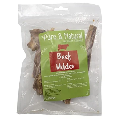 Image of Pure &amp; Natural Beef Udder 15cm Cow 100% Dog Treats, Hypoallergenic, Long Lasting Chews 200g Bag