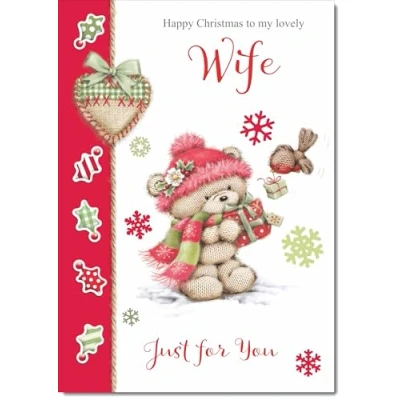Image of doodlecards Wife Christmas Card Cute Bear with Red Hat Large A4 Size for Plain Envelope