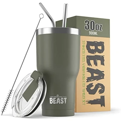 Image of Beast Tumbler 900 ml (30 oz), Army Green Reusable Stainless Steel, Vacuum Insulated Cup with + 2 Straws &amp; Cleaning Brush Double Wall Travel Flask Perfect for Hot or Iced Coffee BPA Free