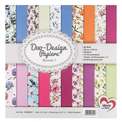Image of Ideen mit Herz Duo Design Papers, Pad of 20 Sheets Craft Paper, 25 x cm, 250 g/m², Printed on Both Sides, Motif Ideal for Scrapbooking, Crafts (Flowers 01)