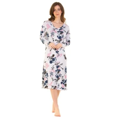 Image of Undercover Ladies &#039;Bamboo Lace&#039; Long Sleeve Nightie 27265 Grey Floral Large