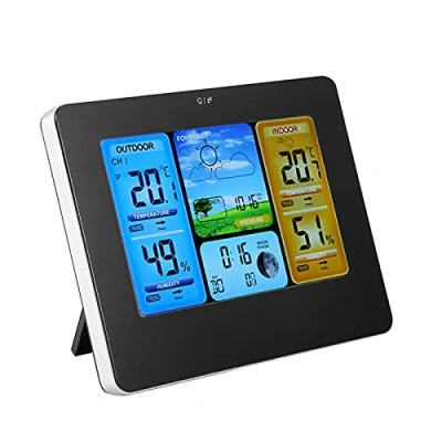 Image of Wireless Weather Station for Indoor Outdoor, Bewinner LCD Digital Clock Portable Wall mounted or Up right Thermometer Indoor&amp;Outdoor Humidity (Black)