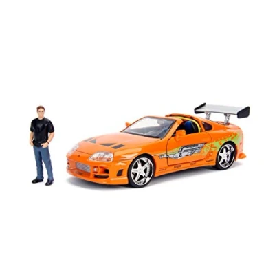Image of Jada Toys 253205001 Fast &amp; Furious 1995 Toyota Supra Toy Car Die cast Opening Doors, Trunk, Bonnet, Removable Roof, Includes Brian O&#039;Conner Figure, Scale 1:24, Orange, brown