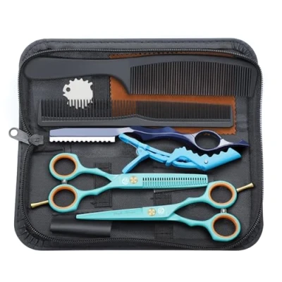 Image of Purple Dragon Green Hairdressing Scissors Set 5.5 Inch Hair Cutting &amp; Thinning Kit for Men Women Kids Home Salon Barber