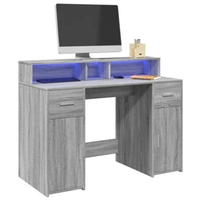 Image of vidaXL Desk with LED Lights Grey Sonoma Engineered Wood Ample Storage for Office or Bedroom, Ideal Working, Writing, Gaming Dimensions 120 x 55 91 cm