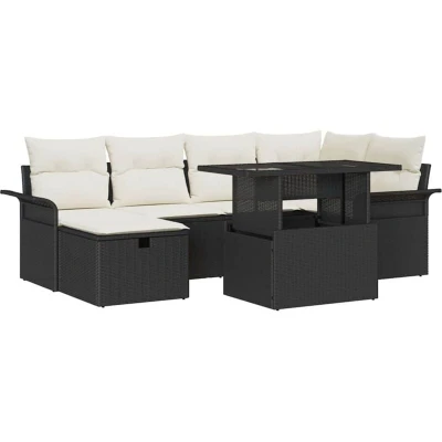 Image of vidaXL 7 Piece Garden Sofa Set with Cushions Black Poly Rattan