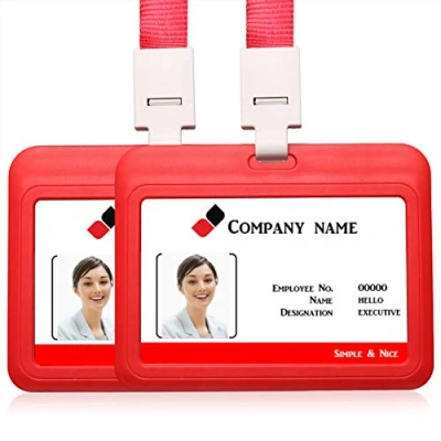 Image of 2PCS Horizontal ID Card Badge Holder with Lanyard Neck Strap Name Tag Student Work (Red)