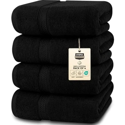 Image of Utopia Towels 4 Piece Bath Set (69 x 137 CM) Premium 100% Ring Spun Cotton Quick Dry, Highly Absorbent, Soft Feel Towels, Perfect for Daily Use (Black)