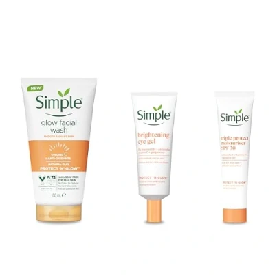 Image of Simple Protect &#039;N&#039; Glow Express Clay Polish Cleanser, 1x 150 ml + Triple Moisturiser, 40 Brightening Eye Gel, 25 Set of 3