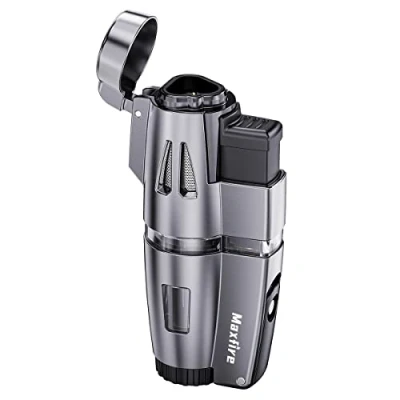 Image of Maxfire Triple Jet Flame Lighter Gas Butane Refillable Windproof Lighter, Adjustable with Punch(Sold without Gas) …