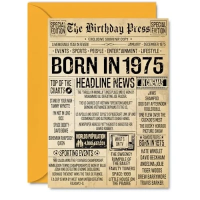 Image of 50th Birthday Card for Women Men Bday Press Newspaper 1975 Happy 50 Cards Neighbour Auntie Grandma Friend Brother Daughter, A5 Greeting
