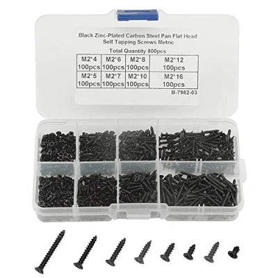 Image of WMYCONGCONG 800 PCS M2 Cross Flat Head Self Tapping Sheet Metal Screw Assortment Kit Carbon Steel Mini Wood Screws w/Box (Black)