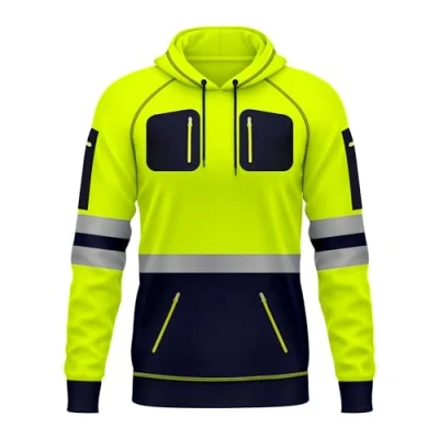 Image of mymixtrendz New Mens Hi Vis Pullover Hoodie Sweatshirt Safety Work Reflective Tape High Viz Visibility Multi Zipped Pockets
