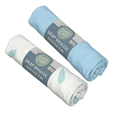 Image of BabyCalin Set of 2 Fitted Sheets 60x120x15cm Blue / Feather certified OEKO TEX