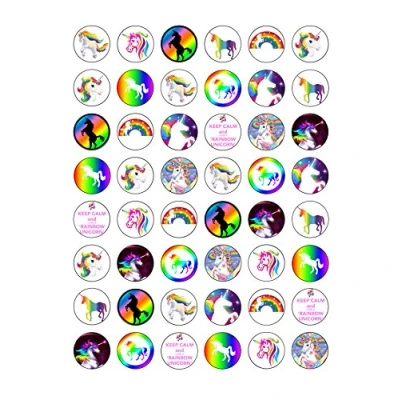 Image of 48 Edible Wafer Paper Rainbow Unicorn Themed Cake Toppers Decorations 2.5cm Diameter