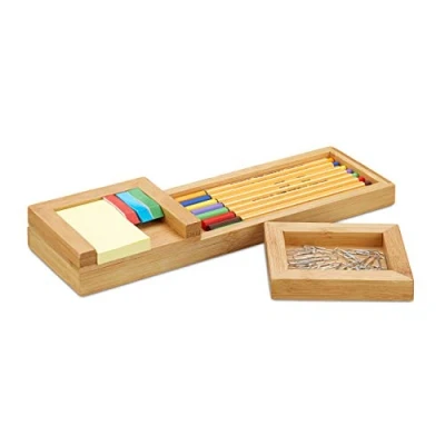 Image of Relaxdays Bamboo Pen Holder, 3 Piece Desk Organiser, &amp; Note HWD 3.8 x 31 9 cm, Natural