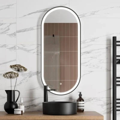 Image of BAYSTONE® 450 x 1000mm Capsule LED Illuminated Bathroom Mirror with Lights Wall Mounted Mirrors for Bathrooms Mains Powered Brushed Brass Touch Sensor Demister