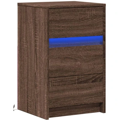 Image of vidaXL Bedside Cabinet with LED Lights Brown Oak Engineered Wood Nightstand Storage for Bedroom/Living Room 38x34x61cm