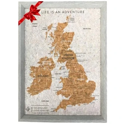 Image of Splosh Travel Map UK Pin Board in Grey, Wooden Frame. with 100 Pins 2 Colours to Personalise and Mark Your Past Future Adventures, Push Map.